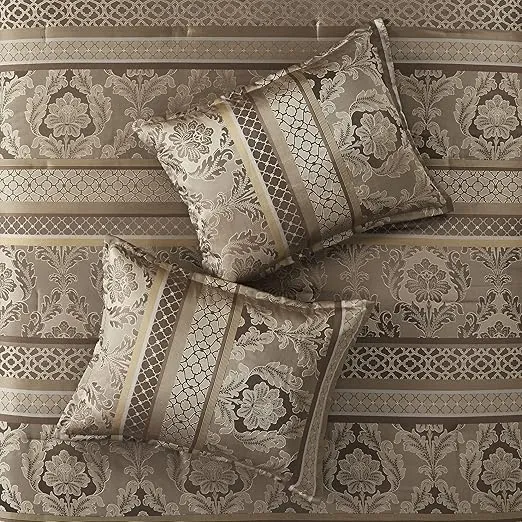 Madison Park Bellagio Cozy Comforter Set - Luxurious Jaquard Traditional Damask Design, All Season Down Alternative Bedding with Matching Shams, Decorative Pillow, Queen(90"x90"), Brown/Gold 7 Piece