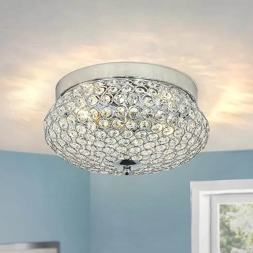 Depuley Modern Crystal Chandelier Flush Mount Ceiling Light Fixture, 2-Light Close to Ceiling Light with Crown Shape for Bedroom Kitchen Living Room Foyer Hallway, Chrome Finish, E12 Base