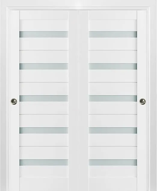 SARTODOORS Sliding Closet Frosted Glass Bypass Doors 72 x 84 inches | Quadro 4445 White Silk | Sturdy Top Mount Rails Moldings Trims Hardware Set | Wood Solid Bedroom Wardrobe Doors