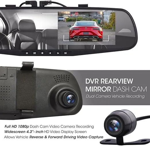 Pyle Dash Cam Rearview Mirror - 4.3” DVR Monitor Rear View Dual Camera Video Recording System in Full HD 1080p w/ Built in G-Sensor Motion Detect Parking Control Loop Record Support - PLCMDVR49