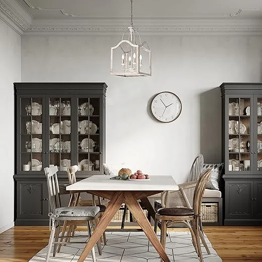 Edvivi Lantern Pendant Chandelier, 4 Lights Farmhouse Lighting Fixture with Antique White Finish, Adjustable Hanging Ceiling Light Fixture, Entryway, Dining, Living