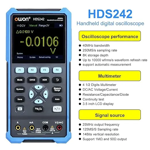 OWON HDS242 Handheld Digital Oscilloscope Multimeter 2CH USB TypeC 40MHz 3.5 LCD Test Meter