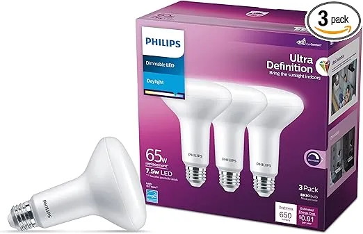 PHILIPS LED Flicker-Free Frosted Dimmable BR30 Light Bulb - EyeComfort Technology - 650 Lumen - Daylight (5000K) - 7.5W=65W - E26 Base - Title 20 Certified - Ultra Definition - Indoor - 3-Pack
