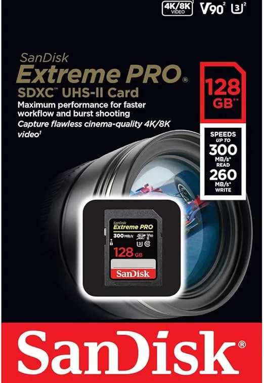 SanDisk 128GB Extreme PRO SDXC UHS-II Memory Card - C10, U3, V90, 8K, 4K, Full HD Video, SD Card - SDSDXDK-128G-GN4IN