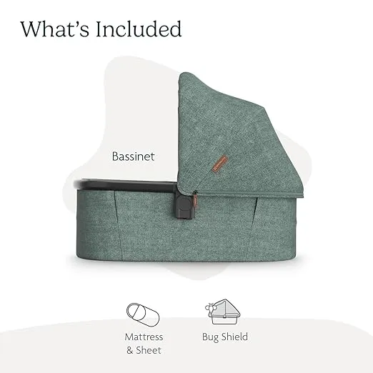 UPPAbaby Bassinet V3 - Compatible with Vista, Cruz, Ridge, Minu Strollers - Overnight Sleep Solution - Mattress, Sheet and Bug Shield Included - Gwen (Green Mélange/Carbon Frame)