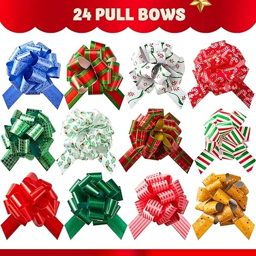 JOYIN 24 PCS Christmas Wrap Ribbon Pull Bows (5" Wide); Easy and Fast Gift Wrapping Accessory for presents, Bows, Baskets, Wine Bottles Decoration, Xmas Gift Wrapping and Decoration Present