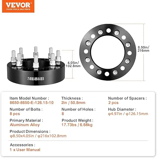 VEVOR Wheel Spacers, 2" Thick 8x6.5 Wheel Adapters, 8 Lug Forged Spacer, 126 mm Bore Hubcentric 9/16"-18 Studs Spacers, Fit for Dodge Ram 2500, Ram 3500 and Ford F250, F350, 2 PCS Black