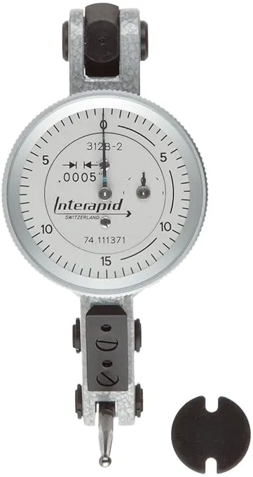 TESA Brown & Sharpe 74.111371 Interapid 312 Dial Test Indicator, Horizontal Type, M1.7x4 Thread, 0.157" Stem Dia., White Dial, 0-15-0 Reading, 1.2" Dial Dia., 0-0.06" Range, 0.0005" Graduation, +/-0.01mm Accuracy - 312b-2