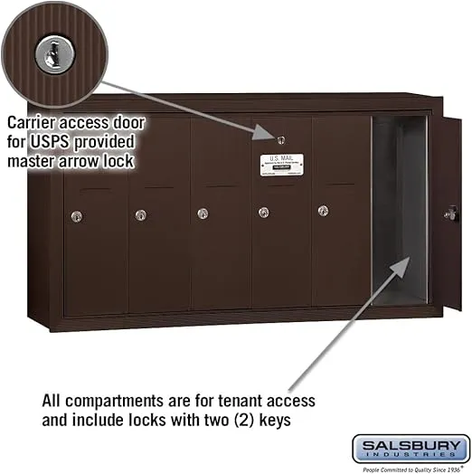 Salsbury Industries 3506ZSU Surface Mounted Vertical Mailbox with USPS Access and 6 Doors, Bronze