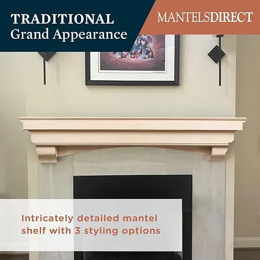 MANTELSDIRECT Mantels Direct Salem Wood Mantel Shelf with Arched Corbels - Unfinished 48 Inch | Wooden Rustic Wall Mounted Shelf from Pine Wood - Perfect for Fireplaces, TVs & Décor