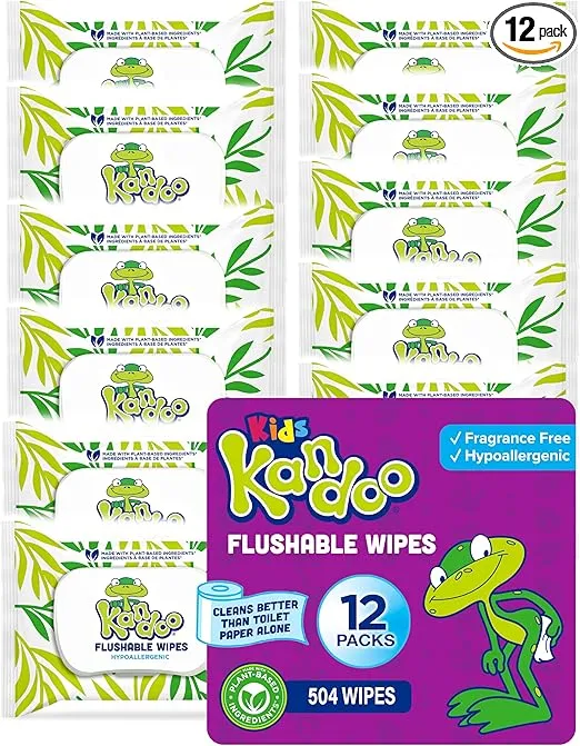 Flushable Wipes for Baby and Kids by Kandoo, Sensitve and Unscented Formula, Hypoallergenic Potty Training Wet Cleansing Cloths, 42 Count, Pack of 12