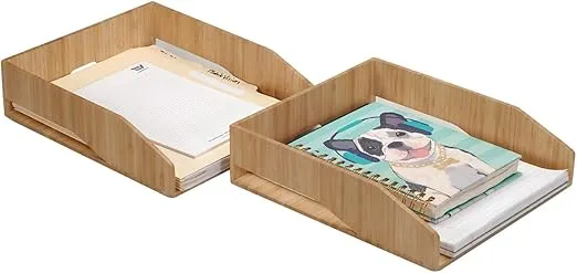 MobileVision 2 Pack Stackable Bamboo Paper Tray Office Organizer for Files, Documents, Letter Sorter, Envelopes and Magazine Holder