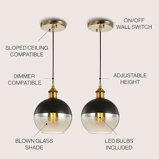 JONATHAN Y JYL3513A-SET2 Nixon 7.5" 1-Light Mid-Century Modern Metal/Glass Adjustable Drop Globe LED Pendants, for Bedroom, Living Room, Kitchen, Office, Brass Gold/Black (Set of 2)