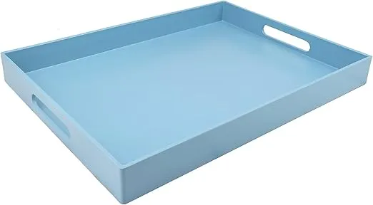 Blue Serving Tray for Coffee Table, Rectangular Plastic Decorative Tray with Handles for Entertaining, Outdoor Patio, Living Room, Ottoman, Bathroom Counter, 11.8”*15.7”*1.6”