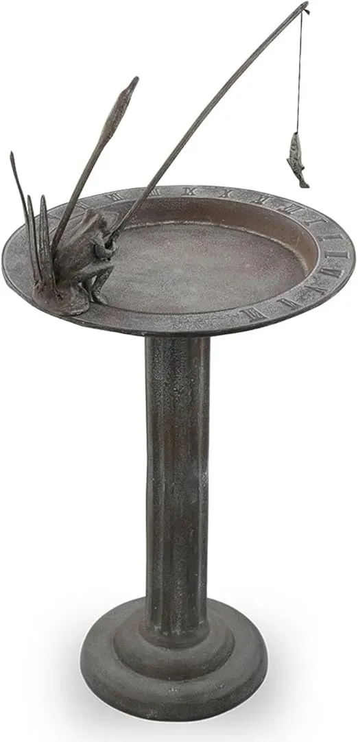 SPI Home Fishing Frog Cast Aluminum SundialBirdbath 31 Inches Tall, bronze