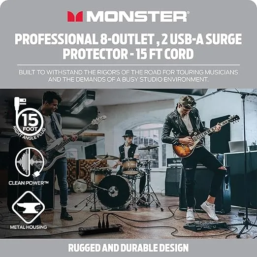 Monster Pro MI Professional Surge Protector Power Strip with Fireproof MOV Technology for Computers, Amplifiers, Pedal Boards, and Pro Audio Gear - 1960 Joule, 15 ft Cord, 8 Outlet, 2 USB