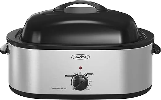 Sunvivi 24lb 20-Quart Roaster Oven, Electric Roaster Oven with Self-Basting Lid, Turkey Roaster with Unique Defrost/Warm Function, Large Roaster with Removable Pan & Rack, Stainless Steel, Silver