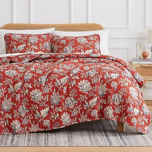 Southshore Fine Living, Inc. Oversized King Quilt Bedding Set, Jacobean Willow Floral Quilt Set with 2 Matching Pillow Shams, Lightweight California King Bed Spread, Soft Microfiber Fabric, Red