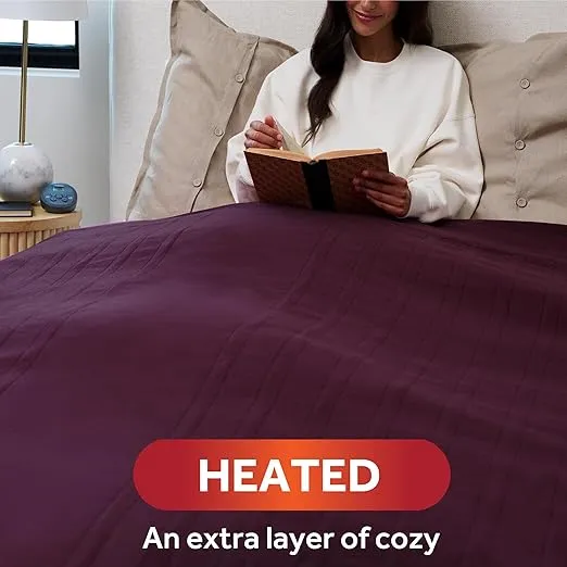 Sunbeam Royal Ultra Fleece Heated Electric Blanket Twin Size, 84" x 62", 12 Heat Settings, 12-Hour Selectable Auto Shut-Off, Fast Heating, Machine Washable, Warm and Cozy, Claret