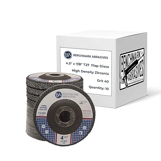 Benchmark Abrasives 4.5" x 7/8" Premium High Density Jumbo Zirconia Type 27 Flap Discs 4 1/2 for Angle Grinder, Sanding Discs, Finishing - Grinding Wheels 4 1/2 inch - (10 Pack) - 40 Grit