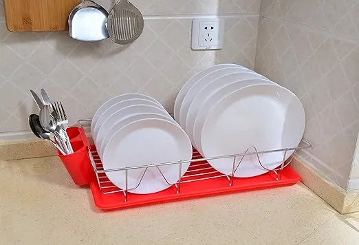 Kitchen Details 3 Piece Countertop Chrome Dish Drying Rack with Cutlery Basket and Drainboard Tray, Red