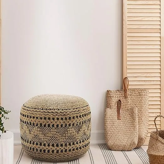 Lr Home Spruce Tan / Black Round Ottoman Pouf for Home Decor | Striped Hand-Woven Jute Cotton Blend Round Pouf Ottoman Footrest for Bedroom & Living Room Decor | 18" X 18" X 14"