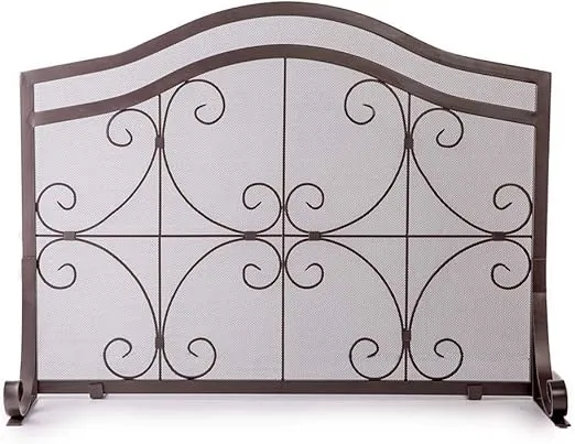 Plow & Hearth Metal Fireplace Screen Crest Arch Copper | 44" W x 33" H | Flatguard | Spark Guard Indoor Grate | Iron Fire Place Cover | Wood Burning Stove Decorative Accessories