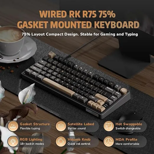 RK ROYAL KLUDGE R75 Wired Gaming Keyboard with Volume Knob, 75% Mechanical Gaming Keyboard Custom Gasket Mount with MDA Profile PBT Keycaps, QMK/VIA, Hot Swappable Silver Switch, Black