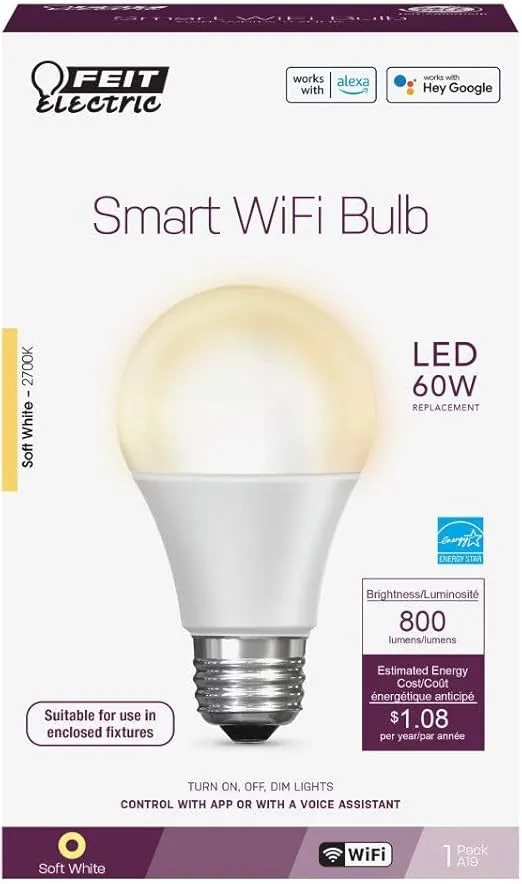 Feit Electric OM60/927CA/AG 60W Equivalent WiFi Dimmable, No Hub Required, Alexa Google Assistant A19 Smart LED Light Bulb, 4.4" H x 2.3" D, 2700K Soft White