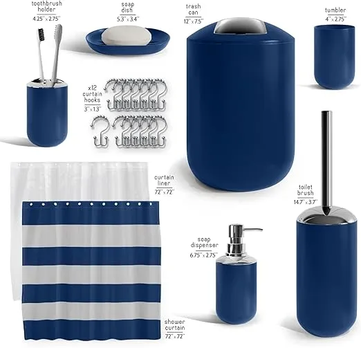 Clara Clark Bathroom Set - Navy Bathroom Accessories Set, 20PC Bathroom Accessory Set, Shower Curtain Set with Liner, Toothbrush Holder, Soap Dispenser, Soap Dish, Toilet Brush Holder, and Trash Can