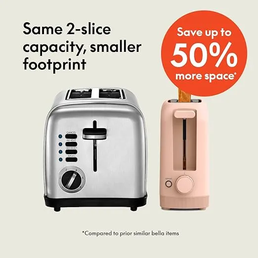 bella 2 Slice Slim Toaster, Fits-anywhere™ Kitchenware, 6 Setting Shade Control with Reheat & Cancel Buttons, Removable Crumb Tray, 10” Long Slot, Anti Jam & Auto Shutoff, 900 Watt, Blossom