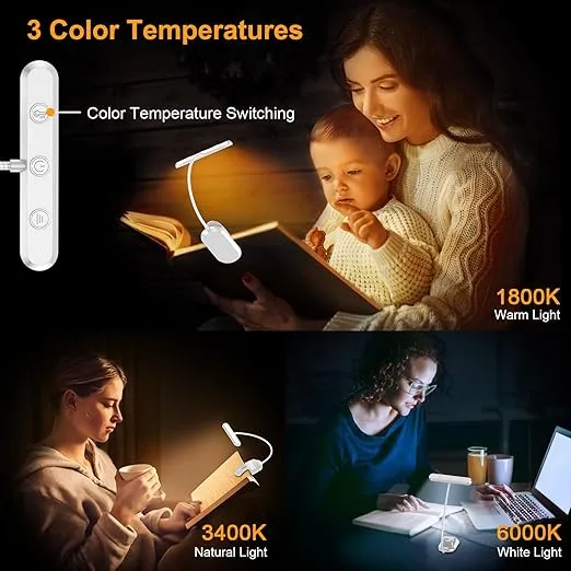 Gritin Rechargeable Book Light for Reading in Bed with 19 LED &Memory Function-Eye Caring 3 Color Temperatures,5 Brightness Levels,80Hrs Runtime Flexible Goose Neck Clip on Book Light-White