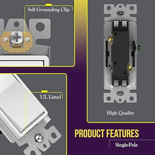 ENERLITES Decorator Paddle Rocker Light Switch, Gloss Finish, Single Pole, 3 Wire, Grounding Screw, Residential Grade, 15A 120V/277V, UL Listed, 91150-W, White
