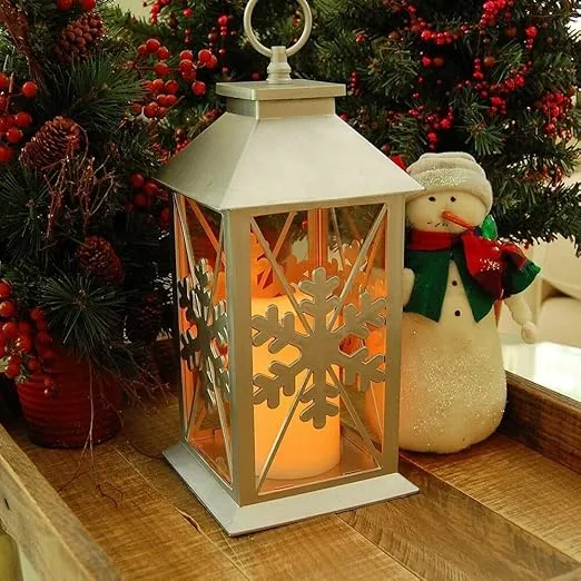 LumaBase Silver Snowflake Lantern with Battery Operated Candle