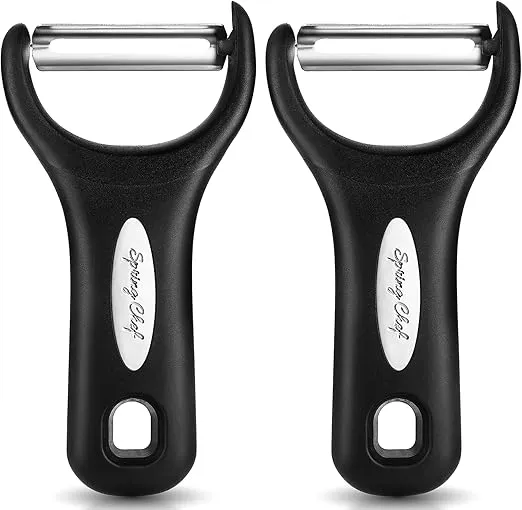 Spring Chef Y Peeler, Potato Peelers with Ultra Sharp Stainless Steel Blades - Fruit & Vegetable Peelers for Kitchen - Veggie Peeler - Soft Grip Handle, Cucumber, Apple, Carrot Peeler, Set of 2, Black