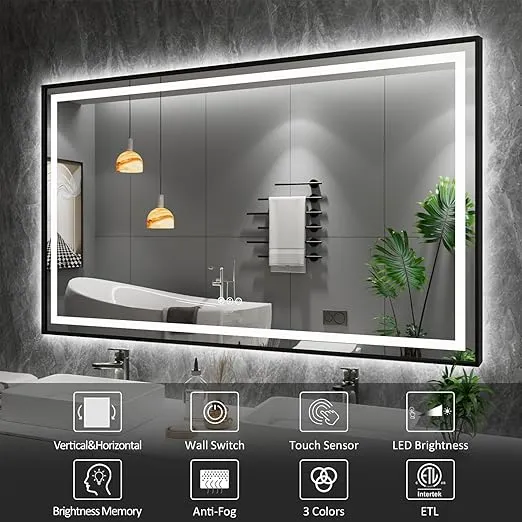 Amorho 40"x 32" LED Bathroom Mirror with Black Frame, Front Light and Backlit, Stepless Dimmable, Anti-Fog, Shatter-Proof, Memory, 3 Colors, Double LED Vanity Mirror