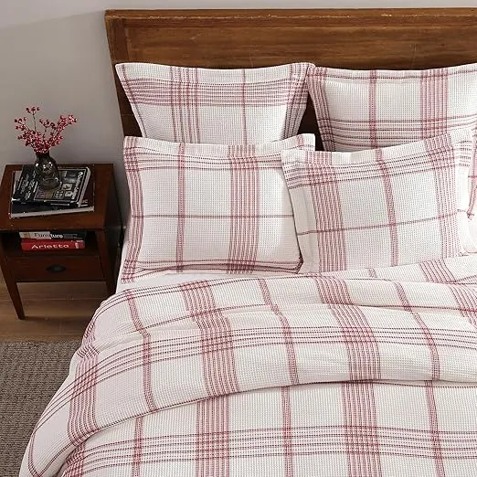 Levtex Home - Peppermint Plaid Euro Sham - Red, Cream - Waffle Plaid - Euro Sham Set of 2 (26x26in.), No Insert- Cotton