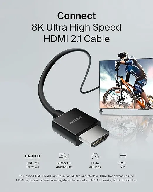 Belkin Ultra HD HDMI 2.1 Cable 6.6FT/2M, 4K Ultra High Speed HDMI Cable, 48Gbps HDMI 2.1 Cord, Dolby Vision HDR & 8K @60Hz, 10K Streaming - Compatible w/ Playstation, PS4, PS5, Xbox Series X, & More