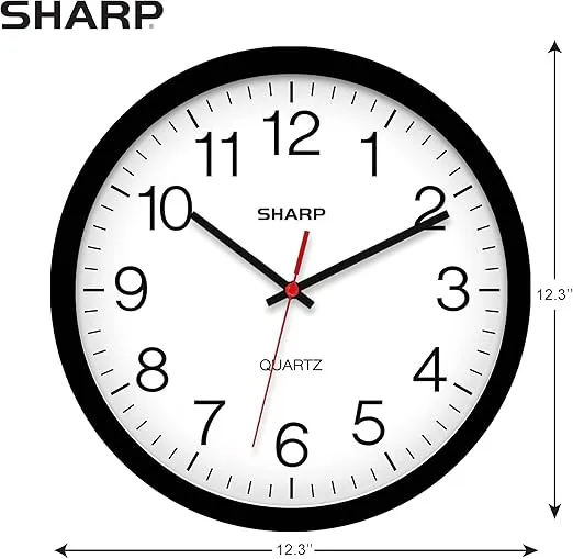 Sharp Wall Clock – Black, Silent Non Ticking 12 Inch Quality Quartz Battery Operated Round Easy to Read Home/Kitchen/Office/Classroom/School Clocks, Sweep Movement