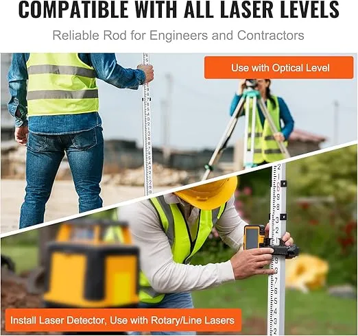 VEVOR Aluminum Grade Rod, 14-Feet/10ths 6 Sections Telescopic Measuring Rod,Double-Sided Scale 1/10 ft Leveling Rod Stick,Aluminum Alloy Survey Rod w/Bubble Level&Carrying Bag for Houses,Walls,Floors
