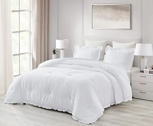 Chezmoi Collection Nora 3-Piece Ruffled Edge Trim Soft Washed Microfiber Comforter Set (Oversized Queen, White)