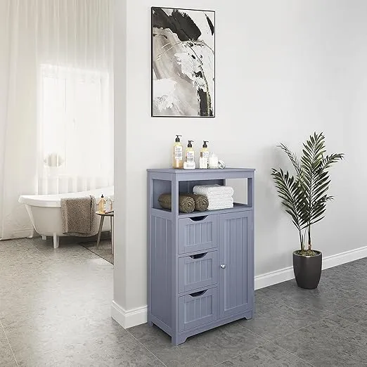 Yaheetech Bathroom Floor Cabinet, Wooden Storage Organizer Multiple Tiers Storage Cabinet, Gray
