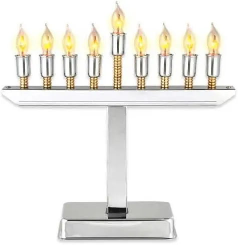 Transitional Electric Menorah with Gold Accents Highly Polished Chrome Plated Menorah Includes a Set of 9 Flickering Bulbs Hanukkah Candle Light Electronic Chanukah Minorah