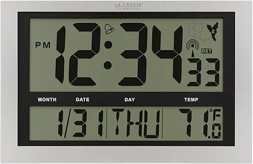 La Crosse Technology 513-1211 Atomic Wall Clock with Jumbo LCD Display with Indoor Temperature , Silver