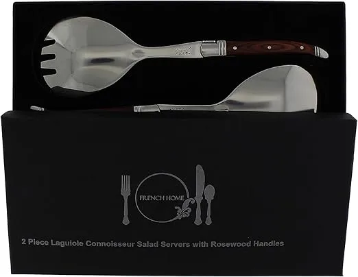 French Home Laguiole Connoisseur (Rosewood) Salad Servers 2 Piece Set — Stainless Steel Flatware Set — Salad Serving Utensils — Silverware Set Spoon and Fork Set — Dining Utensils Set