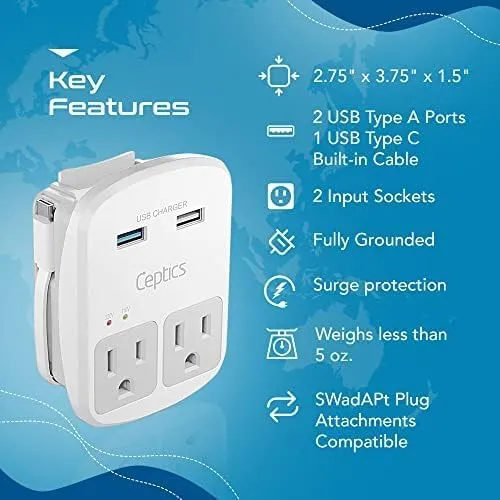 Ceptics Universal Travel Adapter Kit - 2 USB, USB-C Cord+2 US Outlets QC 3.0, Surge Protection, Plugs for Europe, UK, China, Australia, Japan - Perfect for Laptop, Cell Phones, Cameras,Safe ETL Tested