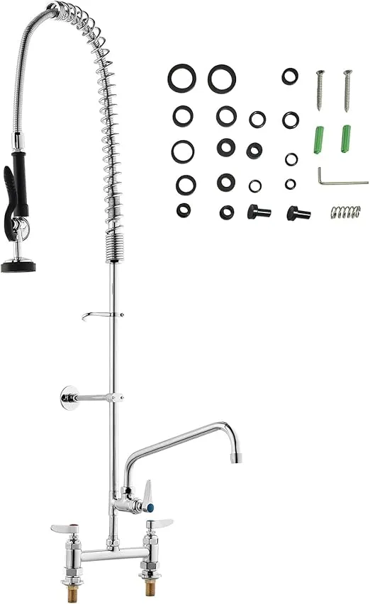 VEVOR Commercial Faucet with Pre-Rinse Sprayer, 44" Height, 8" Center, 12" Swing Spout, Deck Mount Kitchen Sink Faucet, Brass Constructed Device with Pull Down Spray, for 1/2/3 Compartment Sink