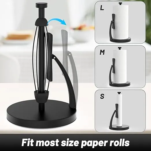 VEHHE Paper Towel Holder Countertop, Black Paper Towel Holder with Spring Activated Arm and Silent Damping Effect, Simply Tear Paper Towel Stand for Bathroom and Kitchen (Black)