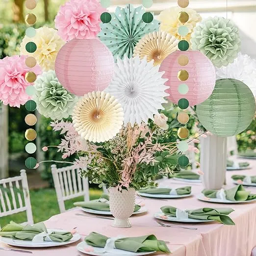 Sage Green and Pink Party Decoration Paper Lanterns Sage Pink Paper Pom Poms Cream Paper Fans Sage Green Party Decorations Circle Dots Garland for Women Girls Birthday Wedding Engagement Party Decor