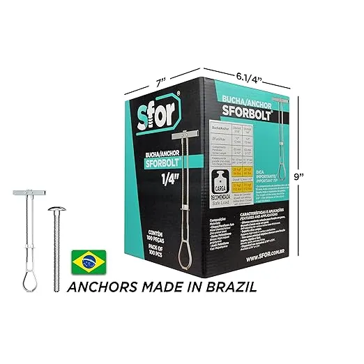 Pack of 200-100 Anchors + 100 Bolts -1/4" Toggle Anchor with Bolts - SFOR - Drywall Anchors, Drywall Bolts, Wall Anchors and Bolts for Drywall, Anchors with Phillips Self Tapping Heavy-Duty Bolts